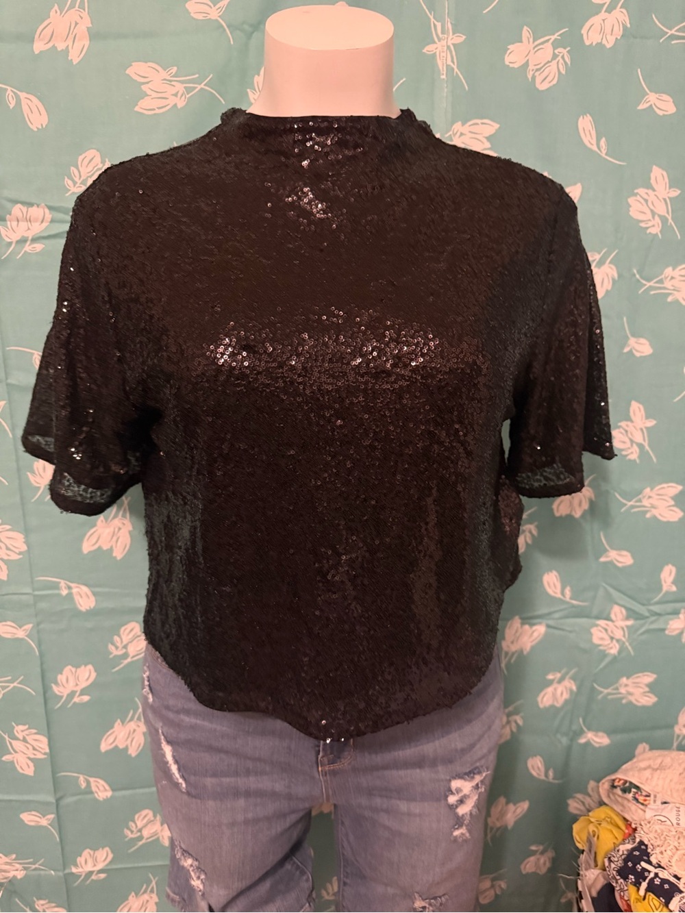 Black Sequin Short Sleeve Women’s Top